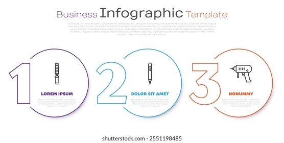 Set line Chisel tool for wood, Pencil with eraser and Electric drill machine. Business infographic template. Vector