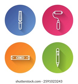 Set line Chisel tool for wood, Paint roller brush, Construction bubble level and Pencil with eraser. Color circle button. Vector
