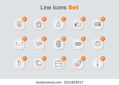 Set line Chisel tool, Wooden beam, Toolbox, Electric circular saw, Metallic nails, Tree stump, log and rings icon. Vector