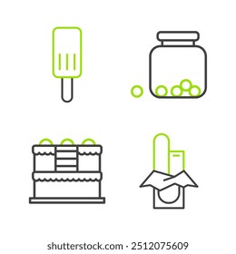Set line Chocolate bar, Cake, Glass jar with candies inside and Ice cream icon. Vector