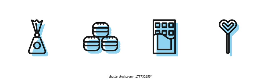 Set line Chocolate bar, Candy, Macaron cookie and Lollipop icon. Vector