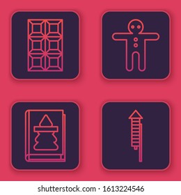Set line Chocolate bar, Christmas book, Holiday gingerbread man cookie and Firework rocket. Blue square button. Vector