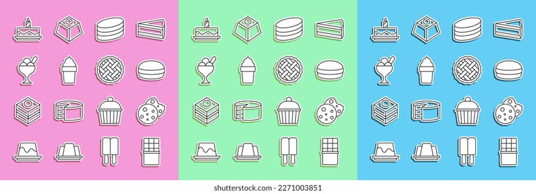 Set line Chocolate bar, Cookie or biscuit, Macaron cookie, Brownie chocolate cake, Ice cream in waffle cone, bowl, Cake with burning candles and Homemade pie icon. Vector