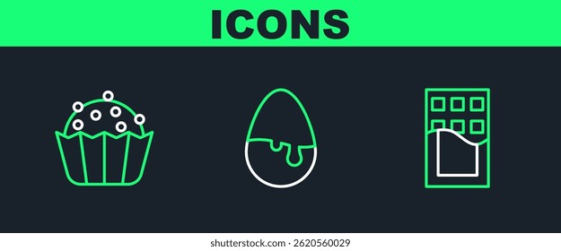 Set line Chocolate bar, Cupcake and egg icon. Vector