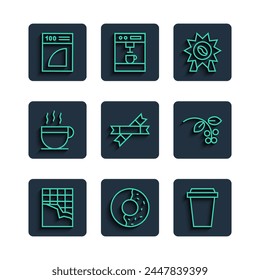 Set line Chocolate bar, Donut with sweet glaze, Coffee cup to go, Medal for coffee, Sugar stick packets, paper filter and bean, branch icon. Vector