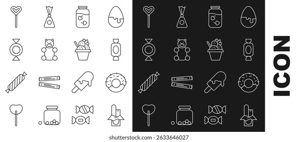 Set line Chocolate bar, Donut, Candy, Strawberry jam jar, Jelly bear candy, Lollipop and Ice cream in bowl icon. Vector