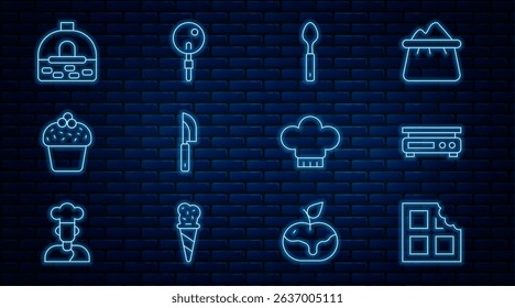 Set line Chocolate bar, Electronic scales, Spoon, Knife, Cake, Brick stove, Chef hat and Lollipop icon. Vector