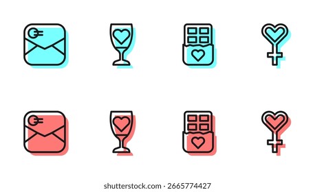 Set line Barra de chocolate, sobre con corazón de San Valentín, copa de champán e icono de símbolo de género femenino. Vector