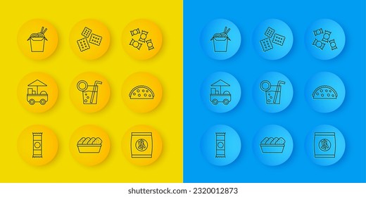 Set line Chocolate bar, Fast street food cart, Cocktail, Hard bread chucks crackers, Taco with tortilla, Asian noodles and chopsticks, Candy and Cracker biscuit icon. Vector