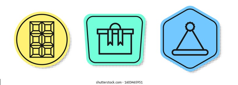 Set line Chocolate bar, Gift box and Christmas Santa Claus hat. Colored shapes. Vector