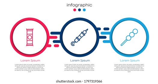 Set line Chocolate bar, Grilled shish kebab and Meatballs on wooden stick. Business infographic template. Vector
