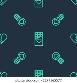 Set line Chocolate bar, Heart shape in light bulb and Broken heart on seamless pattern. Vector