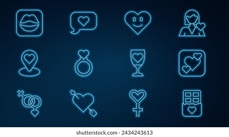 Set line Chocolate bar, Heart, Wedding rings, Location with heart, Smiling lips, Glass of champagne and speech bubble icon. Vector