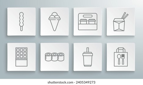 Fijar la línea de la barra de chocolate, helado en cono de gofre, sushi, vidrio de papel con paja, pedido y entrega en línea, taza de café para ir, palillos de fideos asiáticos e ícono de chupete. Vector