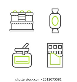 Set line Chocolate bar, Jar of honey, Candy and Cake icon. Vector