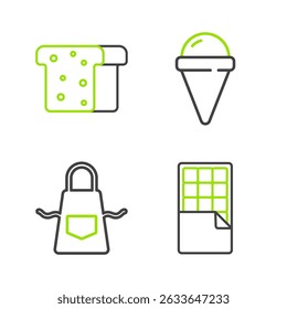 Set line Chocolate bar, Kitchen apron, Ice cream in waffle cone and Bread toast icon. Vector