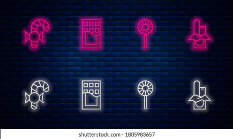 Set Line Chocolate Bar, Lollipop, Christmas Candy Cane And . Glowing Neon Icon On Brick Wall. Vector