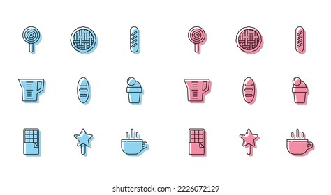 Set line Chocolate bar, Lollipop, Coffee cup, Bread loaf, Ice cream, Measuring and Homemade pie icon. Vector