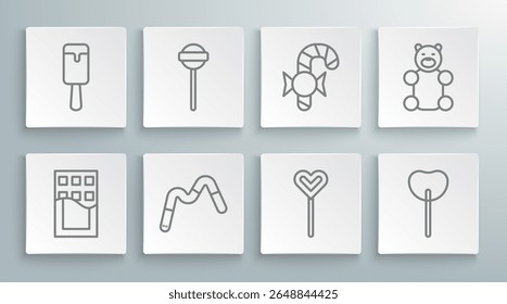 Set line Chocolate bar, Lollipop, Jelly worms candy, Christmas cane, bear and Ice cream icon. Vector