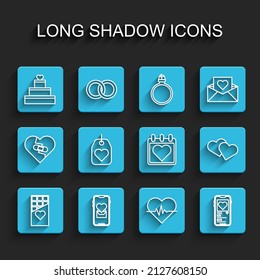 Set line Chocolate bar, Mobile with heart, Wedding cake, Heart rate, tag, and Calendar icon. Vector