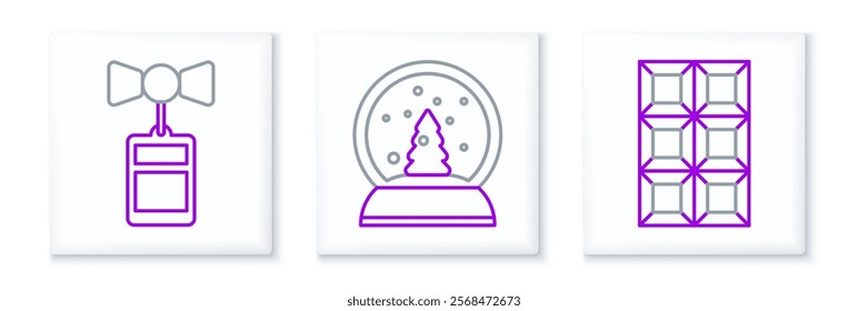 Set line Chocolate bar, Price tag with an inscription Sale and Christmas snow globe icon. Vector