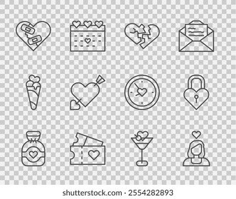 Set line Chocolate candy, Couple in love, Broken heart or divorce, Love ticket, Healed broken, Amour with arrow, Martini glass and Castle the shape of icon. Vector