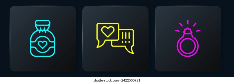 Set line Chocolate candy, Diamond engagement ring and Heart speech bubble. Black square button. Vector