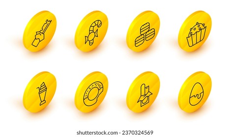 Set line Chocolate egg, bar, Donut, Milkshake, Cupcake, Macaron cookie, Christmas candy cane and Bitten chocolate icon. Vector