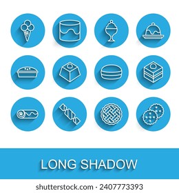 Set line Chocolate roll cake, Candy, Ice cream in waffle cone, Homemade pie, Cookie or biscuit, Brownie chocolate,  and Macaron cookie icon. Vector