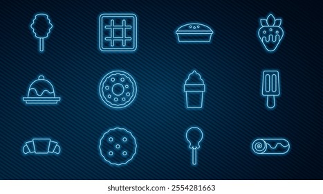 Set line Chocolate roll cake, Ice cream, Homemade pie, Donut, Cake, Cotton candy, in waffle cone and Waffle icon. Vector