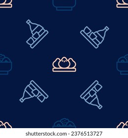 Set line Chow mein on plate, Bottle of sake and Dumpling on seamless pattern. Vector