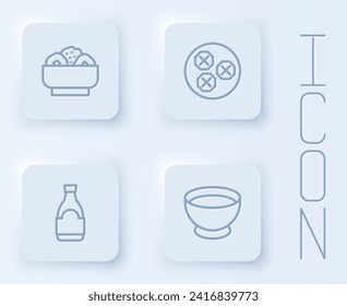 Set line Chow mein on plate, Wonton, Soy sauce bottle and bowl. White square button. Vector