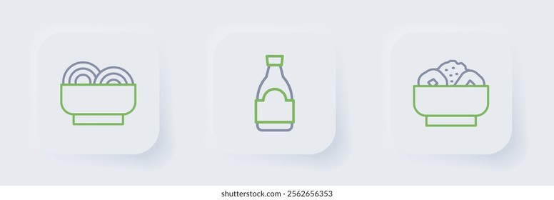 Set line Chow mein on plate, Soy sauce bottle and Asian noodles bowl icon. Vector