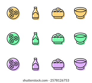 Set line Chow mein on plate, Wonton, Soy sauce bottle and bowl icon. Vector