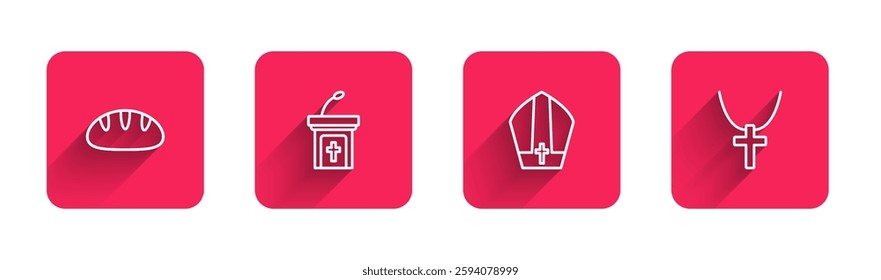 Set line Christian bread, Church sermon tribune, Pope hat and cross chain with long shadow. Red square button. Vector