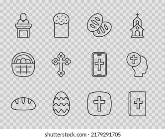 Ponga en línea el pan cristiano, el libro de la Biblia Santa, el huevo de Pascua, la prédica de pastores de la Iglesia, la cruz y el icono del sacerdote. Vector