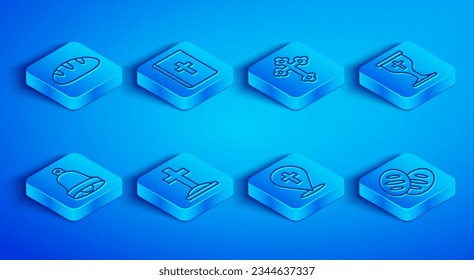 Set line Christian bread, Holy bible book, cross, Grave with, Location church building, chalice, Church bell and  icon. Vector