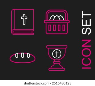 Set line Christian chalice, Bread loaf, Basket with easter eggs and Holy bible book icon. Vector