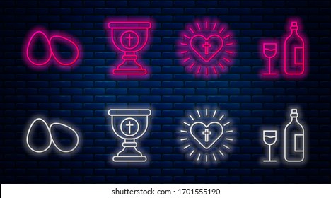 Set line Christian chalice, Christian cross and heart, Easter eggs and Wine bottle with glass. Glowing neon icon on brick wall. Vector