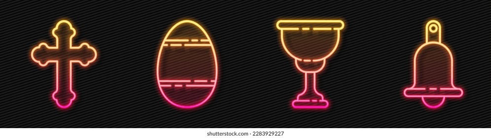 Set line Christian chalice, Christian cross, Easter egg and Ringing bell. Glowing neon icon. Vector
