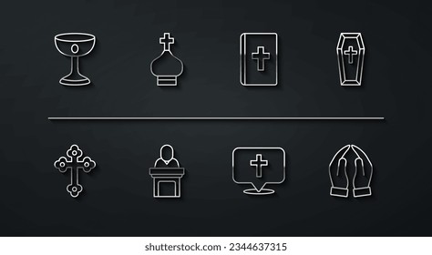 Set line Christian chalice, cross, Coffin, Location church building, Church pastor preaching, tower, Hands praying position and Holy bible book icon. Vector
