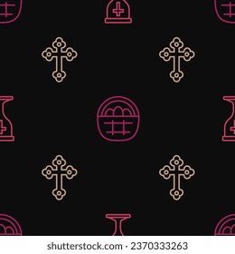 Set line Christian chalice, cross and Basket with easter eggs on seamless pattern. Vector
