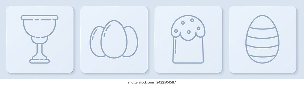 Set line Christian chalice, Easter cake, Easter eggs and Easter egg. White square button. Vector