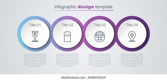 Set line Christian chalice, Easter cake, Basket with easter eggs and Location church building. Business infographic template. Vector