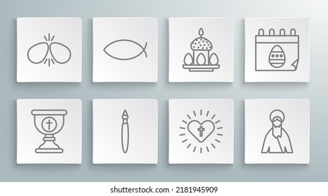 Línea de cáliz cristiano, pescado, pincel de pintura, cruz y corazón, Jesús, huevos de pascua, Calendario con y icono. Vector
