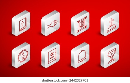 Set line Christian chalice, fish, Decree, paper, parchment, scroll, Tombstone with cross, Church bell, Holy bible book, Jewish torah and Yin Yang icon. Vector