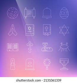 Set line Christian chalice, Pastafarianism, Star of David, Church bell, Jewish torah book, Hands in praying position, Moon and Holy bible icon. Vector