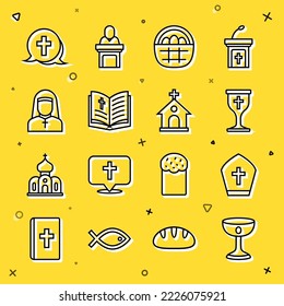 Set line Christian chalice, Pope hat, Basket with easter eggs, Holy bible book, Nun, cross and Church building icon. Vector