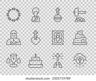 Set line Christian chalice, Religious cross in circle, Ark of noah, Crown thorns, heart, Hands praying position and Babel tower bible story icon. Vector