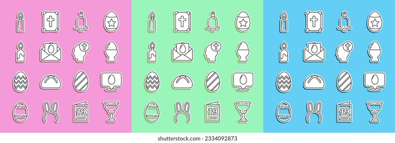 Ponga en línea el cáliz cristiano, la burbuja del habla con el huevo de Pascua, la Pascua en el estrado, la campana sonora, la tarjeta de saludo Happy, la vela quemando y el icono de la cruz cristiana de la cabeza humana. Vector